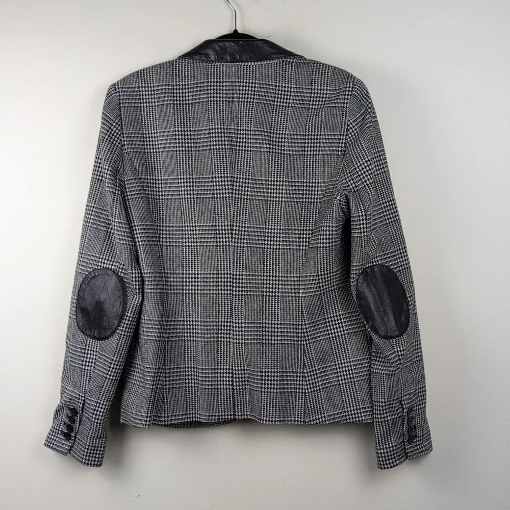 Michael Kors Black & White Houndstooth Plaid Blazer with Leather Accents Size 12